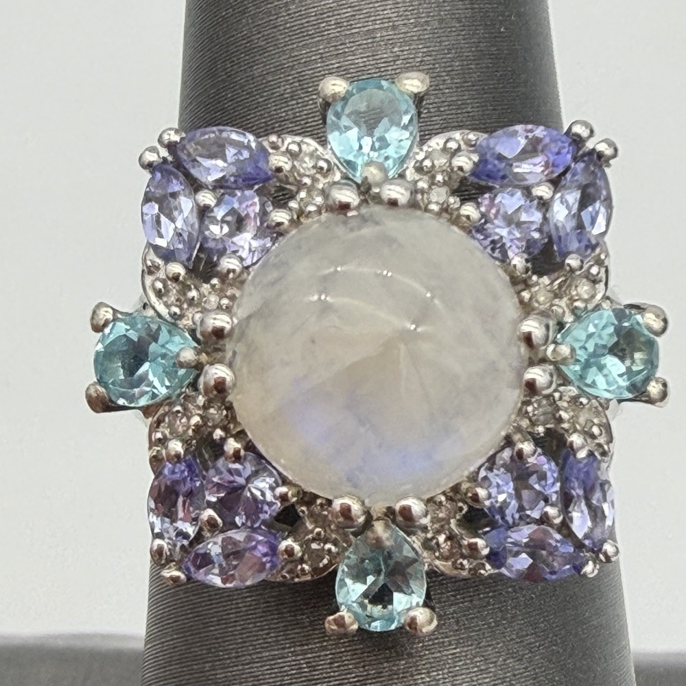 Vtg‎ STS Chuck Clemency Moonstone Multi Gemstone Ring Sterling Silver 6.5 Gr S7